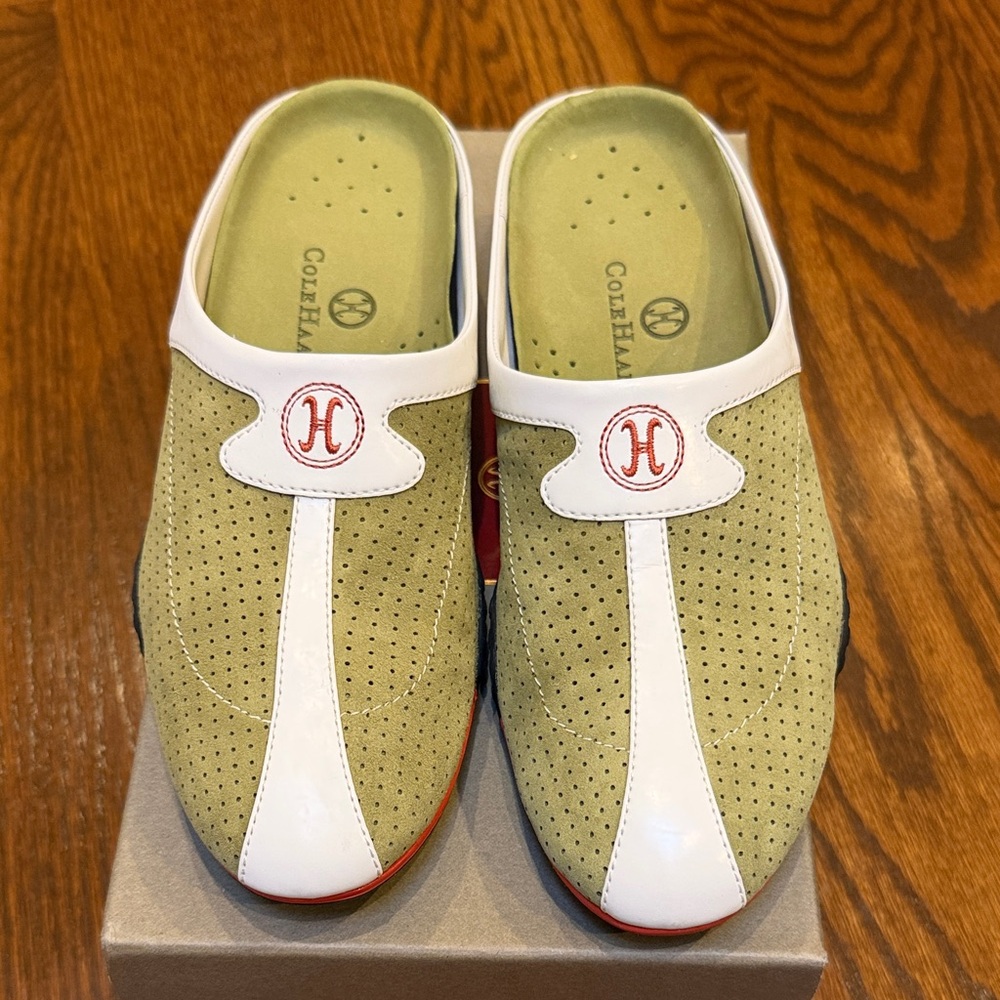 Cole Haan Olive Green and White Perforated Slip-On Clogs with Red Accent